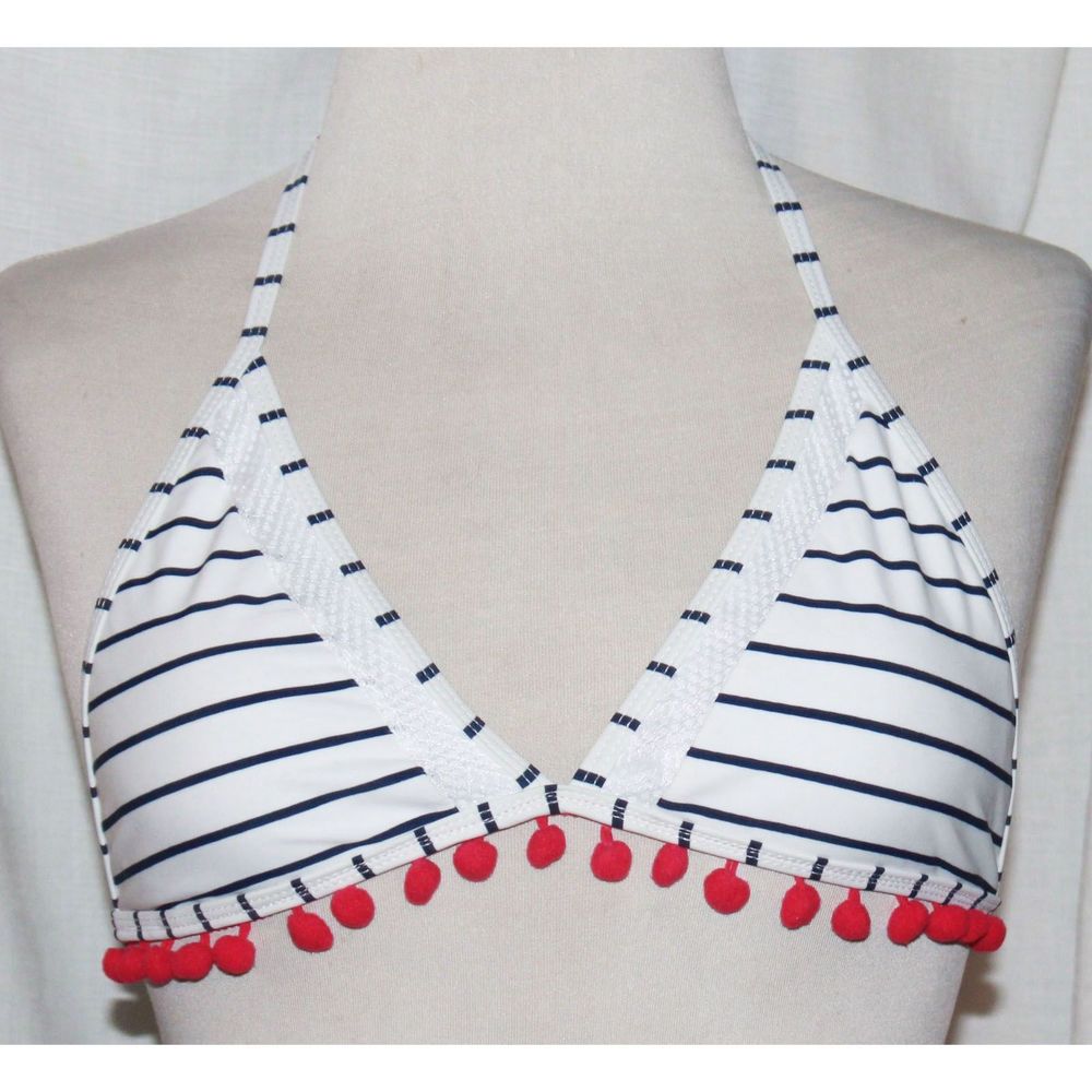 Cocoship White and Navy Blue Striped Tie Bikini Top w/ Pink Pom Poms Size M